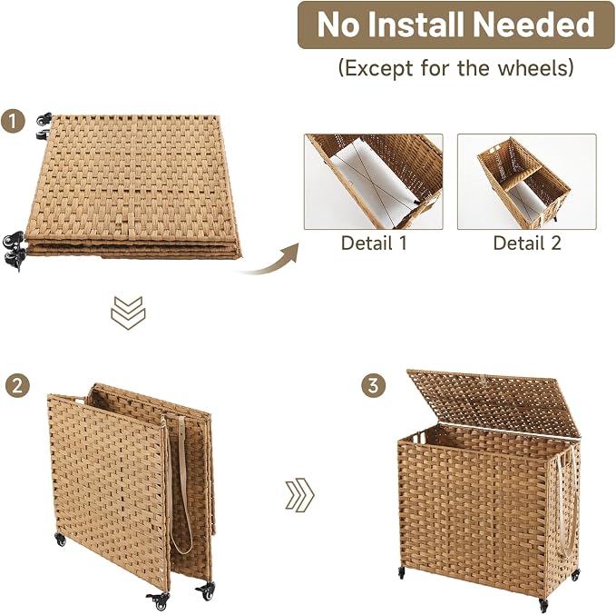 Laundry Hamper with Wheels, 34.3 Gallon Rolling Laundry Basket with Lid - Image 8