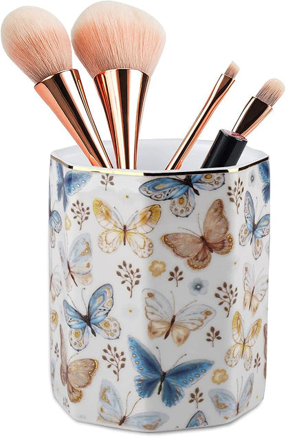 Jwest Pen Holder, Ceramic Shiny Gold Graphic Butterfly Pattern Pencil Cup - Image 2