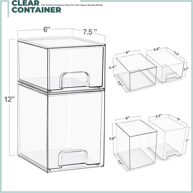 Sorbus Stackable Acrylic Storage Drawers, 2 Pack Clear Plastic Organizer Bins - Image 3