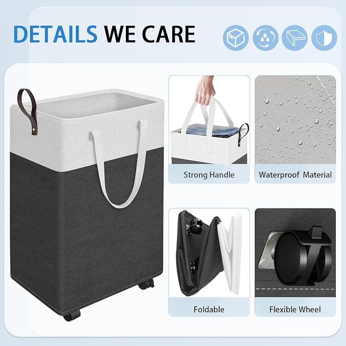 HomeHacks Laundry Basket with Wheels, Rolling Laundry Hamper, Collapsible & - Image 3