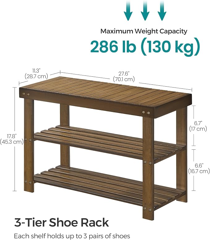 SONGMICS Shoe Rack Bench, 3-Tier Bamboo Shoe Storage Organizer, Entryway Bench - Image 3