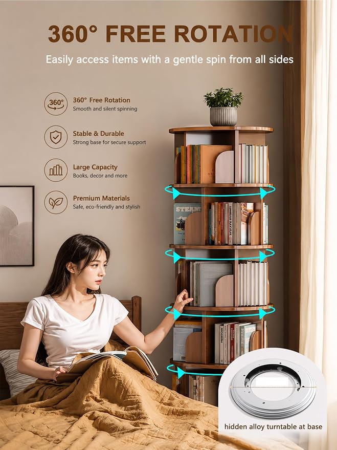 6 Tier Rotating Bookshelf with Cabinet On Wheel, 360° Display Spinning Corner - Image 6