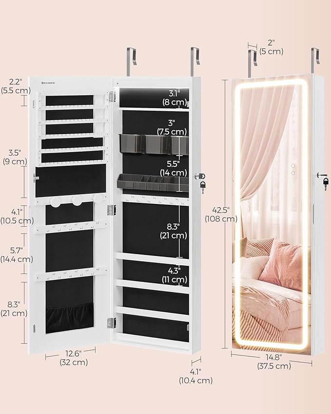 SONGMICS LED Mirror Jewelry Cabinet Armoire, Wall or Door Mounted Jewelry - Image 7