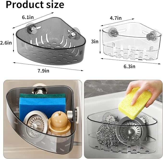 2PCS Suction Cup Sink Corner Rack, 2 Size Suction Sinkware Organizer, Triangle - Image 2