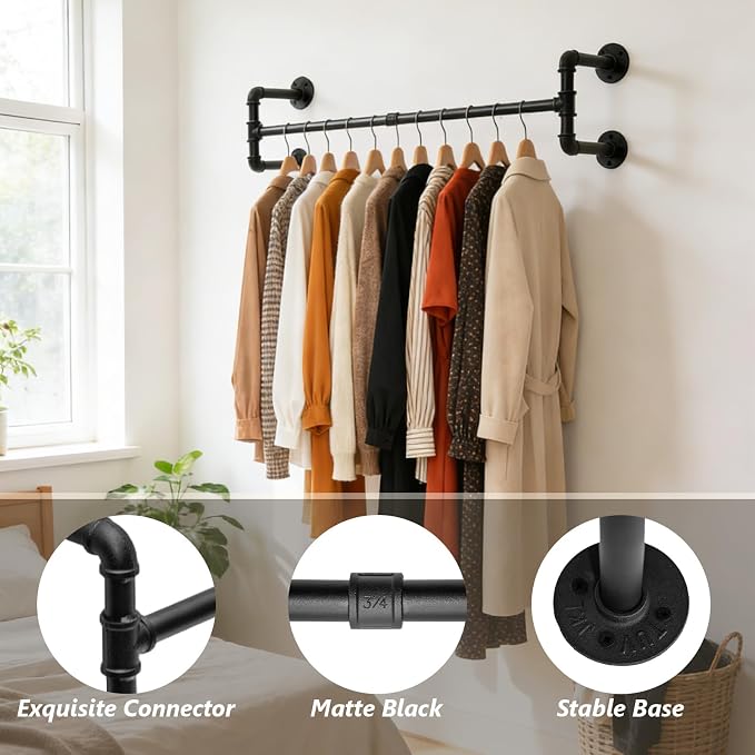 Industrial Pipe Clothing Rack, 32.6 Inch Wall Mounted Garment Rack, - Image 2