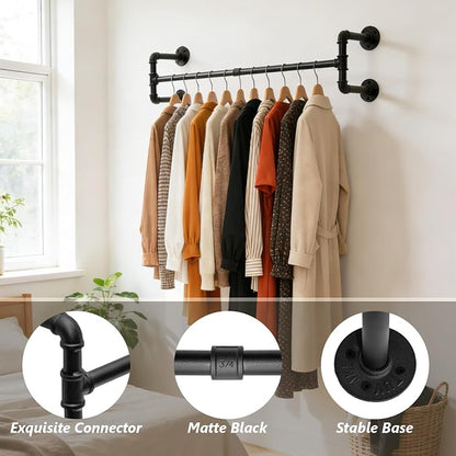 Industrial Pipe Clothing Rack, 32.6 Inch Wall Mounted Garment Rack, - Image 2