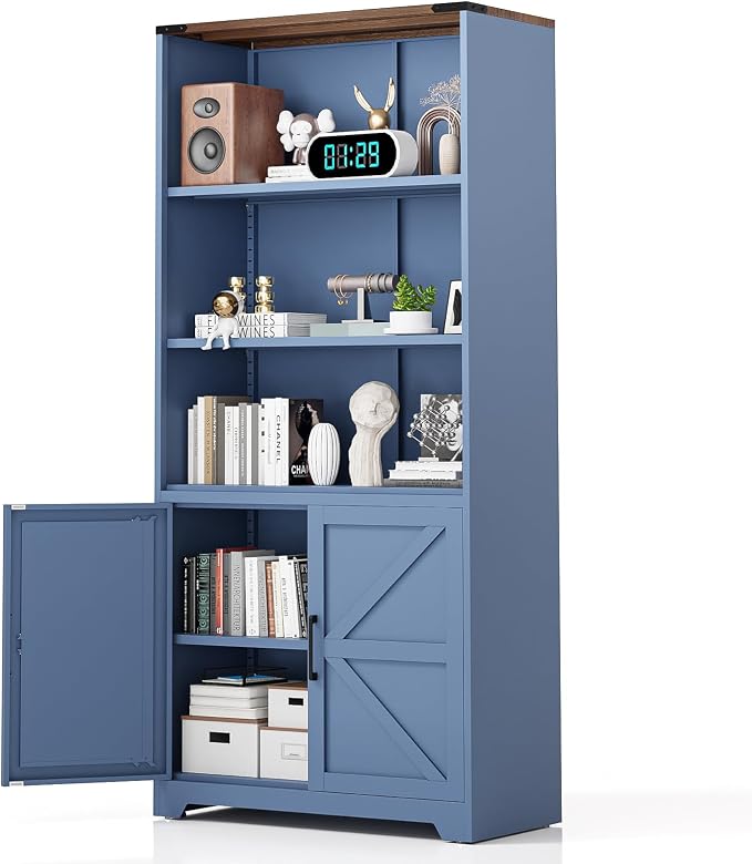 VINGLI Blue Bookcase with Doors and Adjustable Shelves, Steel 70" Tall by VINGLI