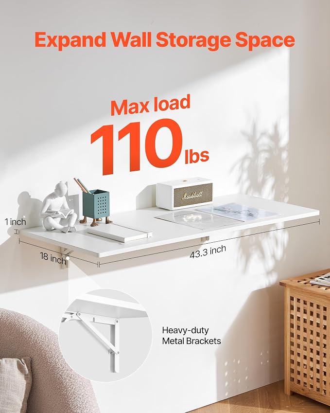 VEVOR Wall Mounted Folding Table, 43.3 x 18 inches Wall Mount Table, Floating - Image 3