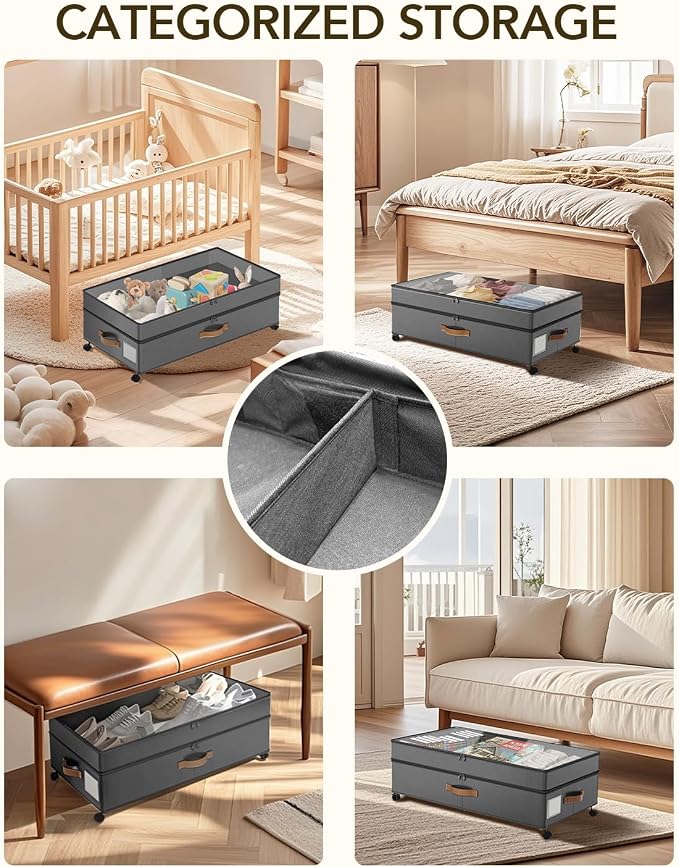 4 Pack Under Bed Storage with Wheels, Adjustable Height Storage Containers - Image 7