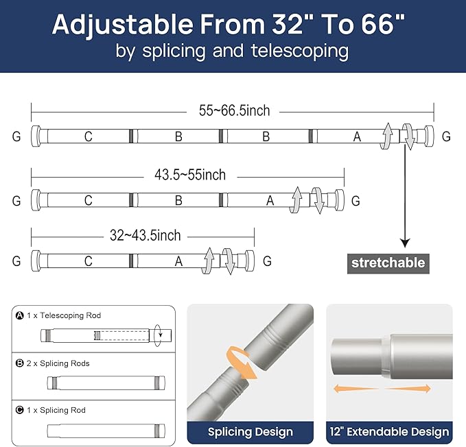 ENJOYBASICS 2 Pack Tension Curtain Rod, 32-66" Adjustable, Nickel | Secure Hold - Image 3