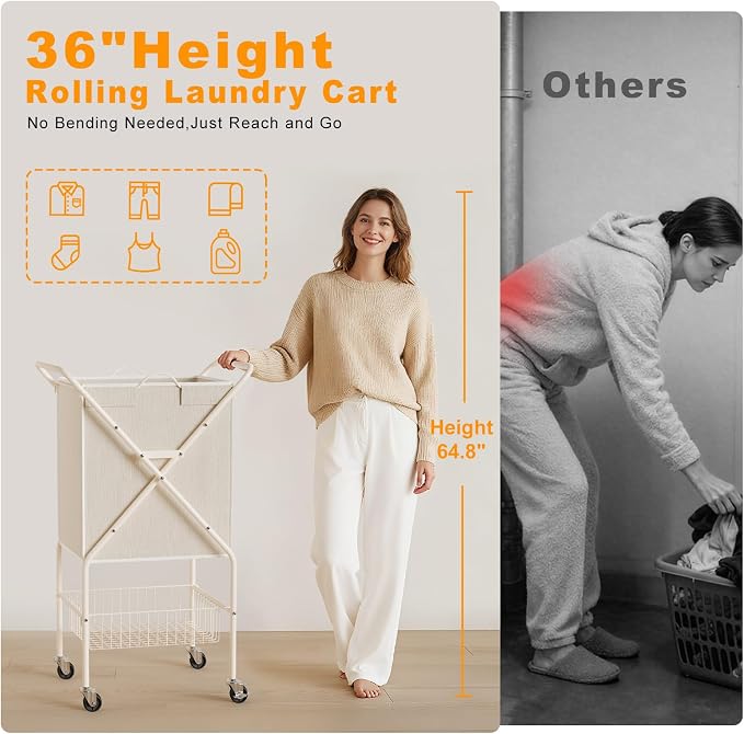 Laundry Basket with Wheels:88L Rolling Laundry Cart Foldable Metal Frame Dirty - Image 2