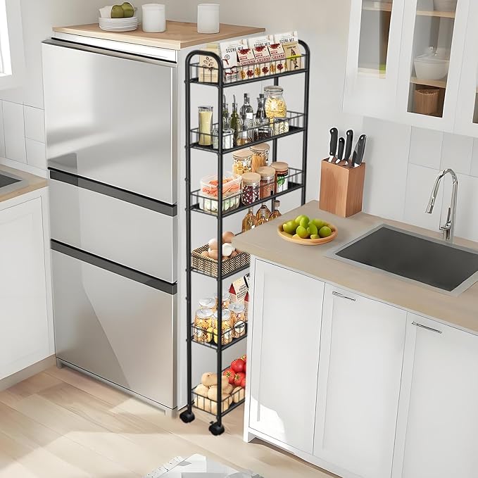 Slim Storage Cart with Wheels, 6-Tier 6in Black Narrow Rolling Shelf, Sturdy - Image 2
