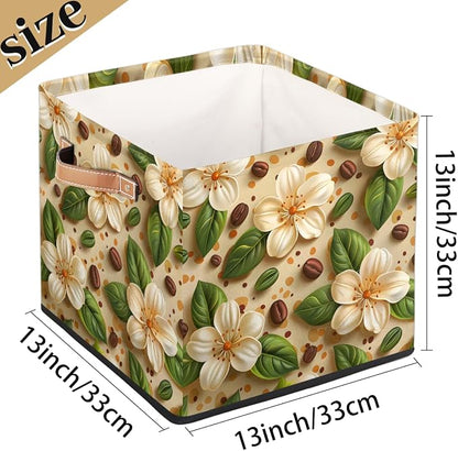 TropicalLife 13x13x13 Inch Large Fabric Storage Cube Beige Floral Print - Image 4