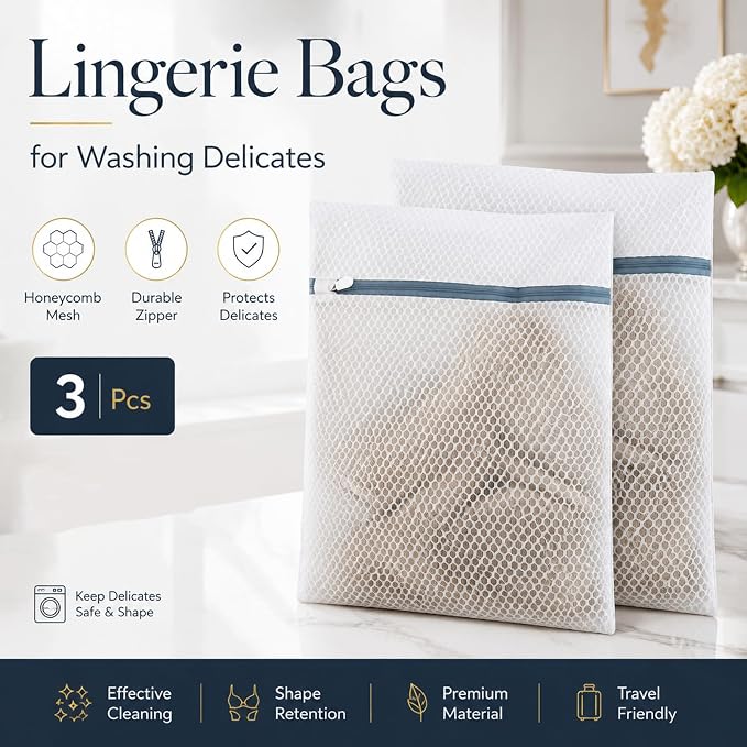 Lingerie Bags for Washing Delicates 3Pcs, Laundry Wash Bag, Honeycomb Mesh - Image 2
