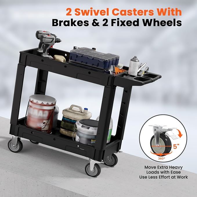 2 Tier Plastic Rolling Utility Cart on Wheels, Heavy Duty Tool Cart - Image 6