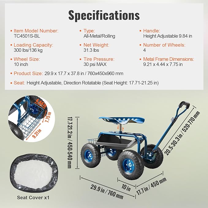 VEVOR Garden Cart Rolling Workseat - Image 6