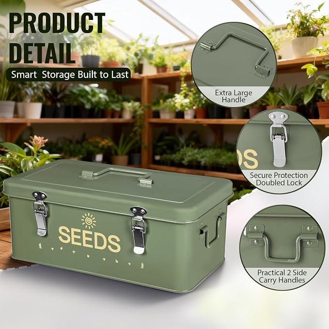 Metal Seed Storage Box with Safety Locks, Large 4-Compartment Seed Organizer - Image 3