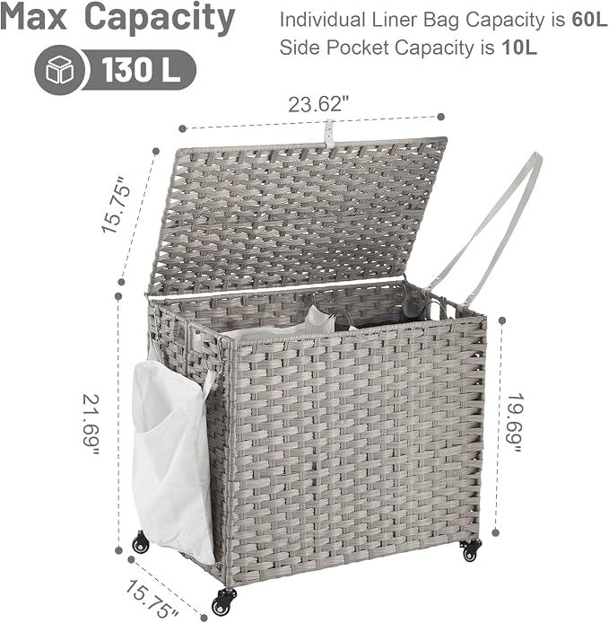 Laundry Hamper with Wheels, 34.3 Gallon Rolling Laundry Basket with Lid - Image 4