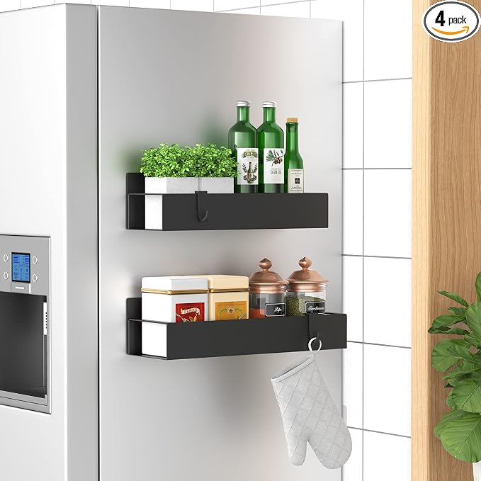 Metal Magnetic Spice Rack for Refrigerator2 Pack Black | Magnetic Shelves Heavy by HuggieGems