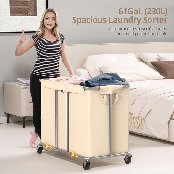 Hodonas 230L Rolling Laundry Hamper, 2-Section Laundry Basket - Image 3