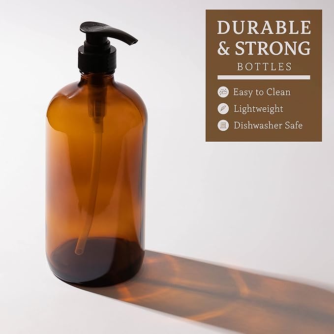 32 Ounce Glass Pump Dispenser Bottle, Large Amber Container - Image 3