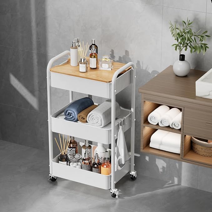 3 Tier Rolling Cart with Table top, Metal Rolling Utility Cart on Wheels - Image 6