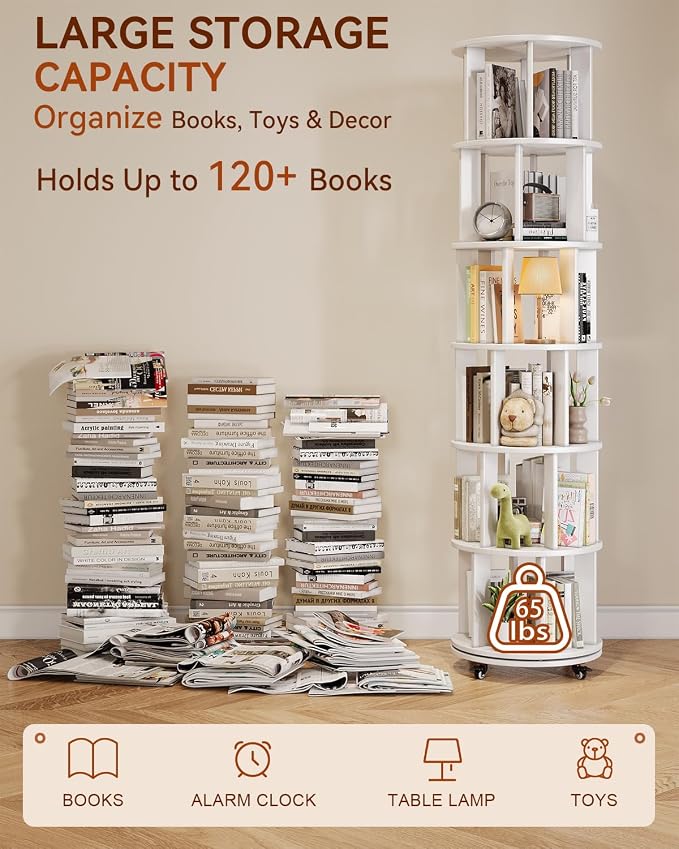 IUNVR Rotating Bookshelf, 6 Tier Solid Wood Bookshelf Tower - Image 3