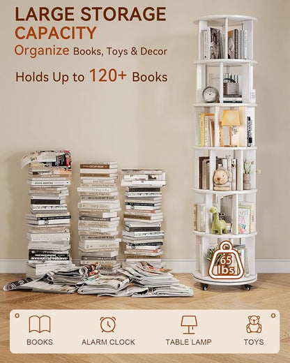 IUNVR Rotating Bookshelf, 6 Tier Solid Wood Bookshelf Tower - Image 3