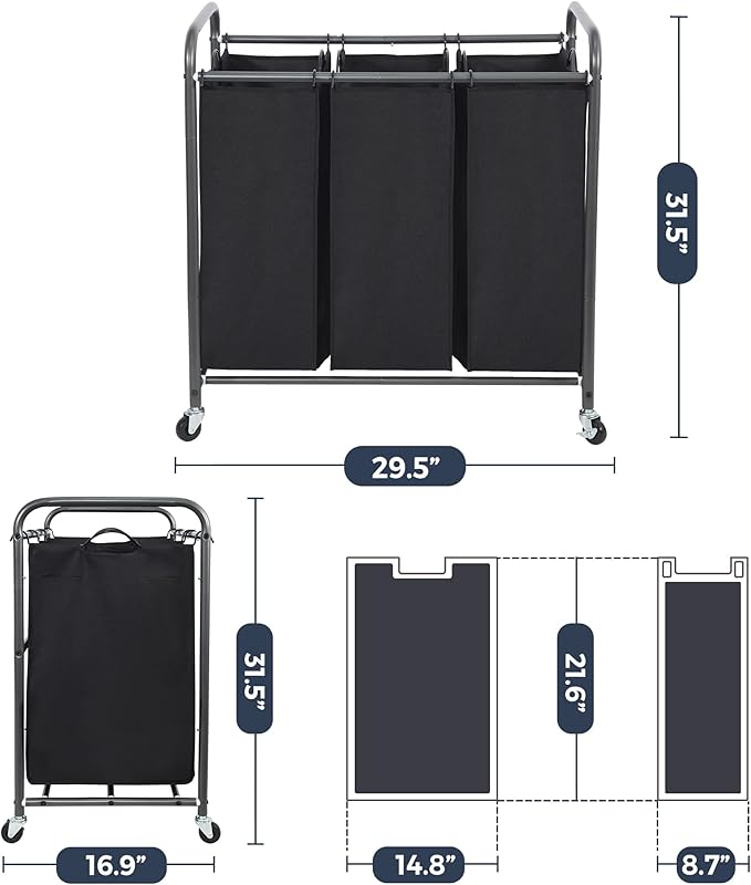STO STO Laundry Sorter 3 Section, 3 Bag Laundry Hamper, Rolling Laundry Cart - Image 6
