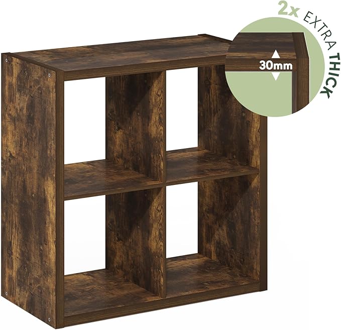 Furinno Cubicle 4-Cube Book Shelf, Extra Thick Frame Bookshelf, Amber Pine | - Image 6