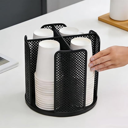 360° Rotating Coffee Cup & Lid Carousel, 8.7" H x 9.3" Dia 4-Compartment Metal by BEWITU