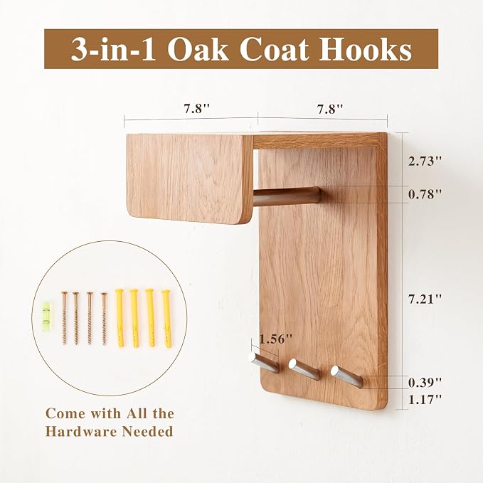 Oak Wood Coat Rack Wall Mount - Image 6