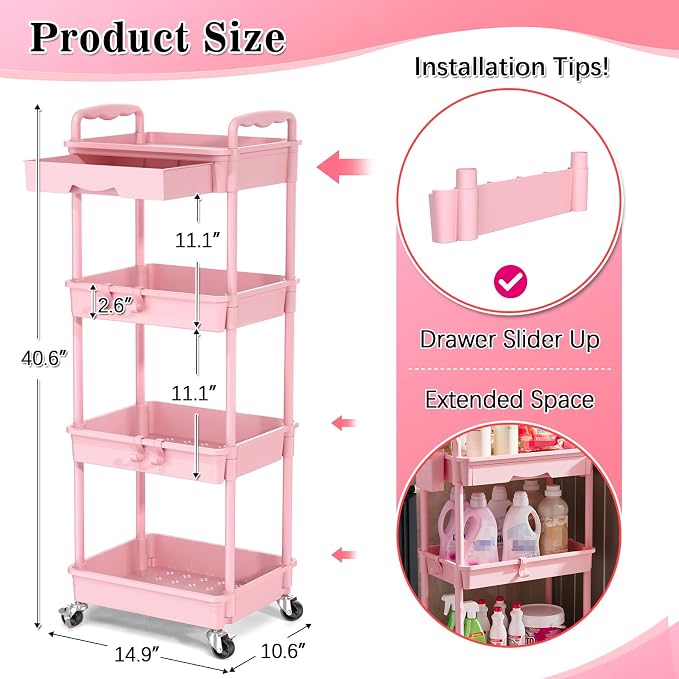 SUNALLY 4 Tier Rolling Utility Cart - Image 2