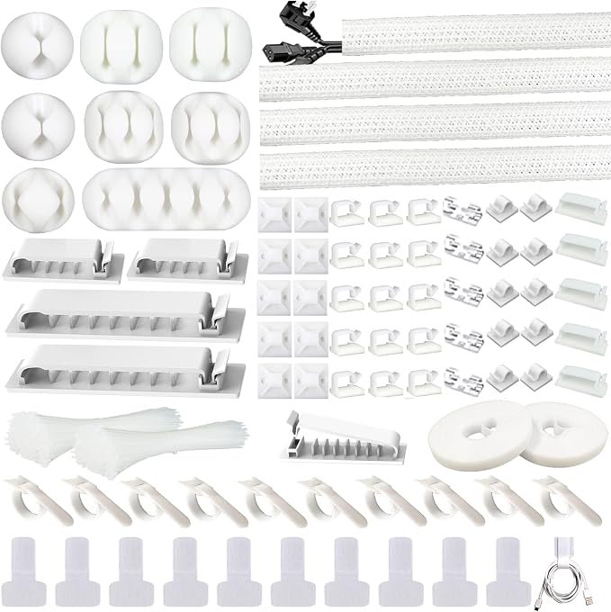 White Cable Management Organizer Kit 4 Cable Sleeve Split, 47Cable Clips 12Cord by DRIVUU