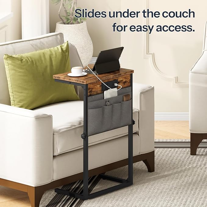 HOOBRO C Shaped End Table with Charging Station, 30” Adjustable Height Sofa - Image 6