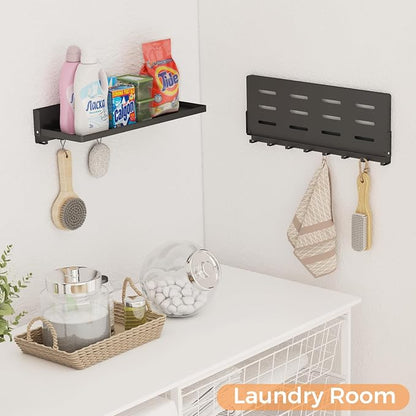 Folding Shelf with Hooks Wall Mount, Laundry Room Metal Shelves, Fold Up 90° - Image 2