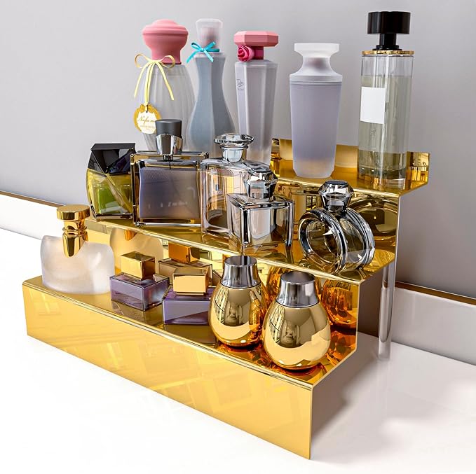 YMVV 12 IN Mirror Gold Acrylic 3 Tier Display Riser Perfume Organizer, Perfume - Image 3