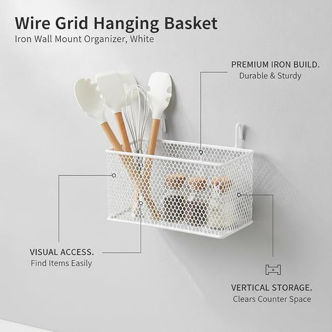Wire Grid Hanging Basket, Iron Wall Mount Organizer - Image 4