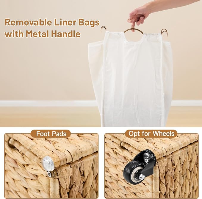Laundry Hamper with Wheels, 52.8 Gallon Water Hyacinth Laundry Basket with Lid - Image 6