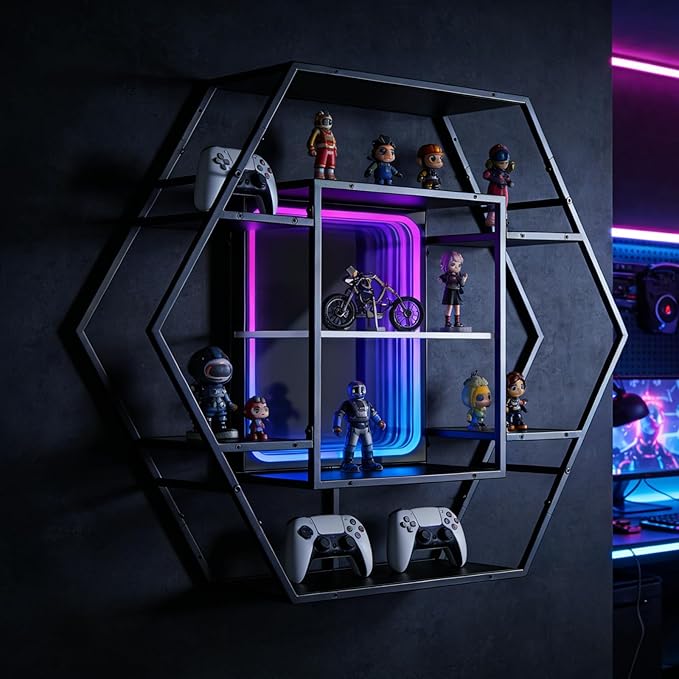 Infinity Mirror Gaming RGB Hexagon LED Floating Shelf, 36.6" | RGB by FUSLITE