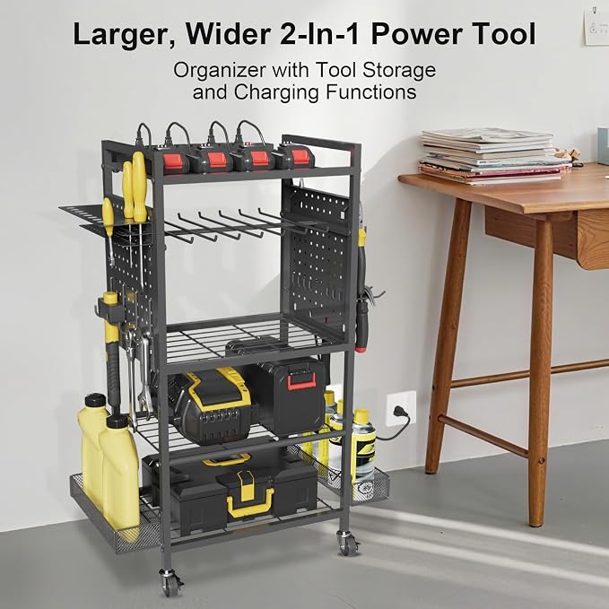 Power Tool Organizer Cart with Charging Station, Heavy Duty Garage Tool - Image 2