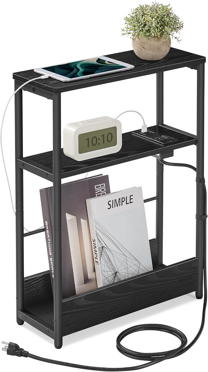 VASAGLE Side Table with Charging Station, Narrow End Table, 3-Tier Nightstand by VASAGLEbySONGMICSHOME