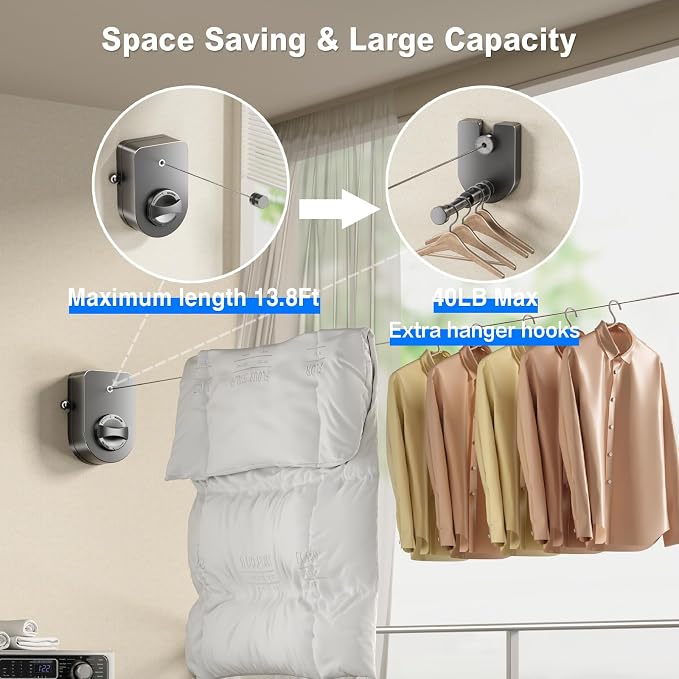 Mustorn Retractable Clothesline Indoor, Non-Sagging Outdoor Clothes Line - Image 2