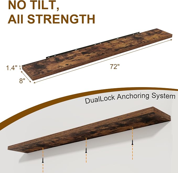 72 Inch Floating Shelves 2 Pack, 8 Inch Deep Floating Shelf Wall Mounted - Image 3
