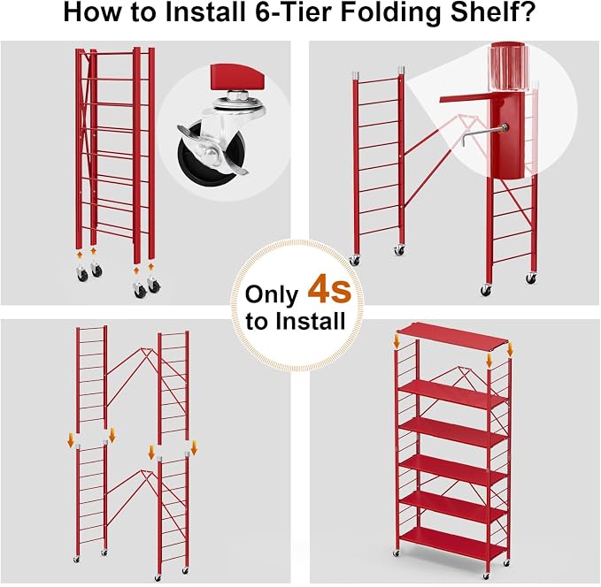 Himix 6-Tier Expandable Storage Shelves Wheels Foldable Rack Red No Assembly - Image 5