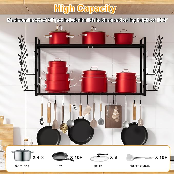 31 Inch Pot Rack Wall Mounted, 2-Tier Hanging Pots and Pans Organizer - Image 2