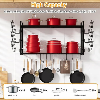 31 Inch Pot Rack Wall Mounted, 2-Tier Hanging Pots and Pans Organizer - Image 2