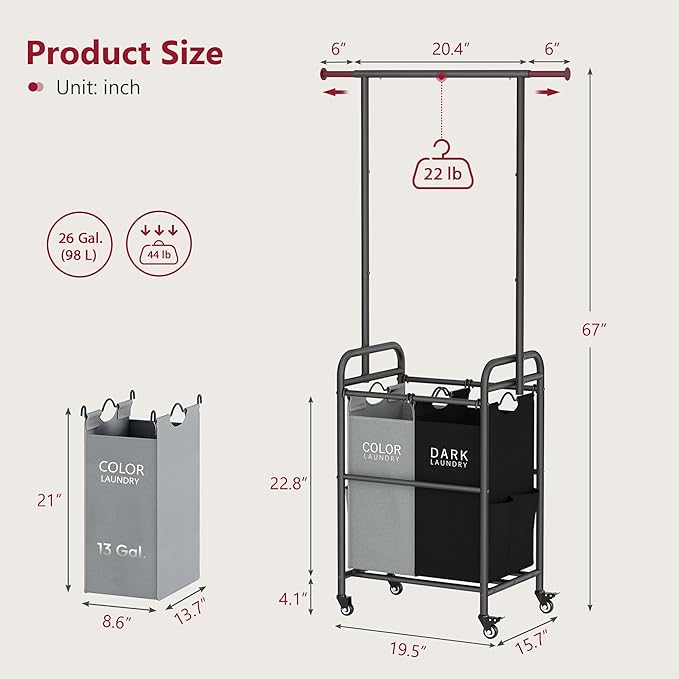 Tajsoon Laundry Sorter with Hanging Bar, 2 Bag laundry cart, Laundry Cart with - Image 3