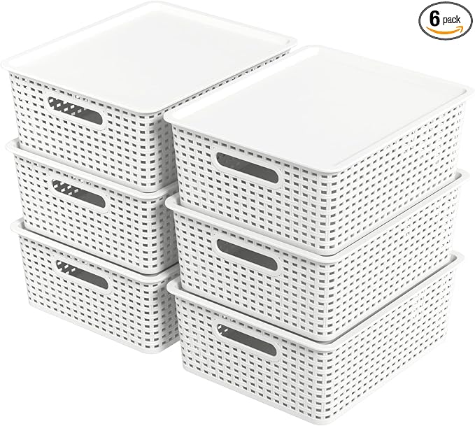 6 Pack Stackable Lidded Storage Baskets, Plastic Woven Baskets by Unknown