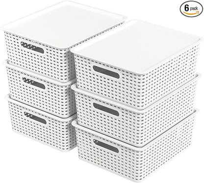6 Pack Stackable Lidded Storage Baskets, Plastic Woven Baskets by Unknown